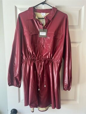 Le Lis Faux Leather Drawstring Shirt Jacket in Burgundy Red